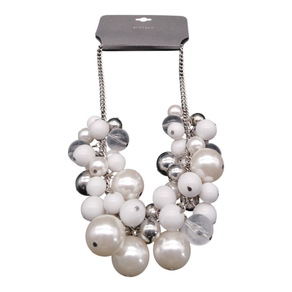 EXPRESS White Pearl Silver Bead Statement Necklace Cluster Bib Chain NWT